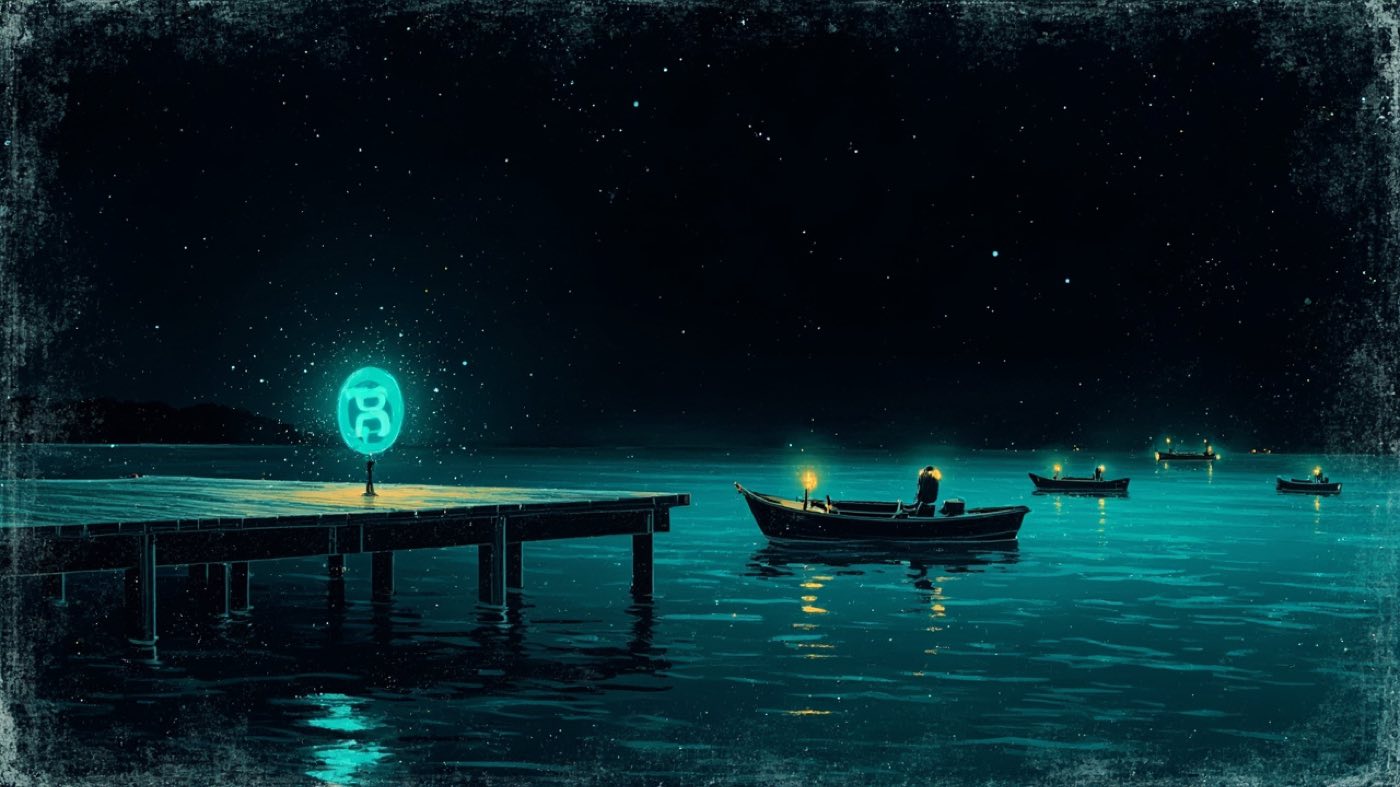 Illustration: a lone glowing token on a dark pier with small boats waiting