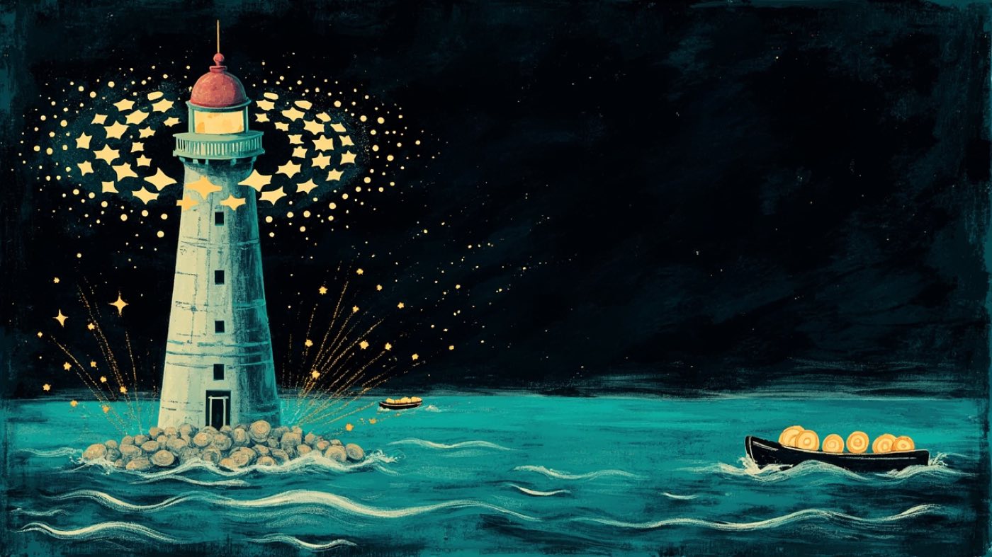 Illustration: a lighthouse with a ring of stars guiding coin ships