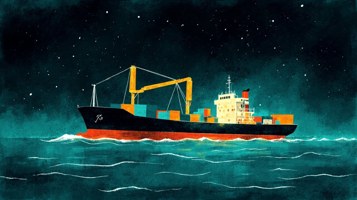 Illustration: cargo ship transferring glowing containers to a modern vessel