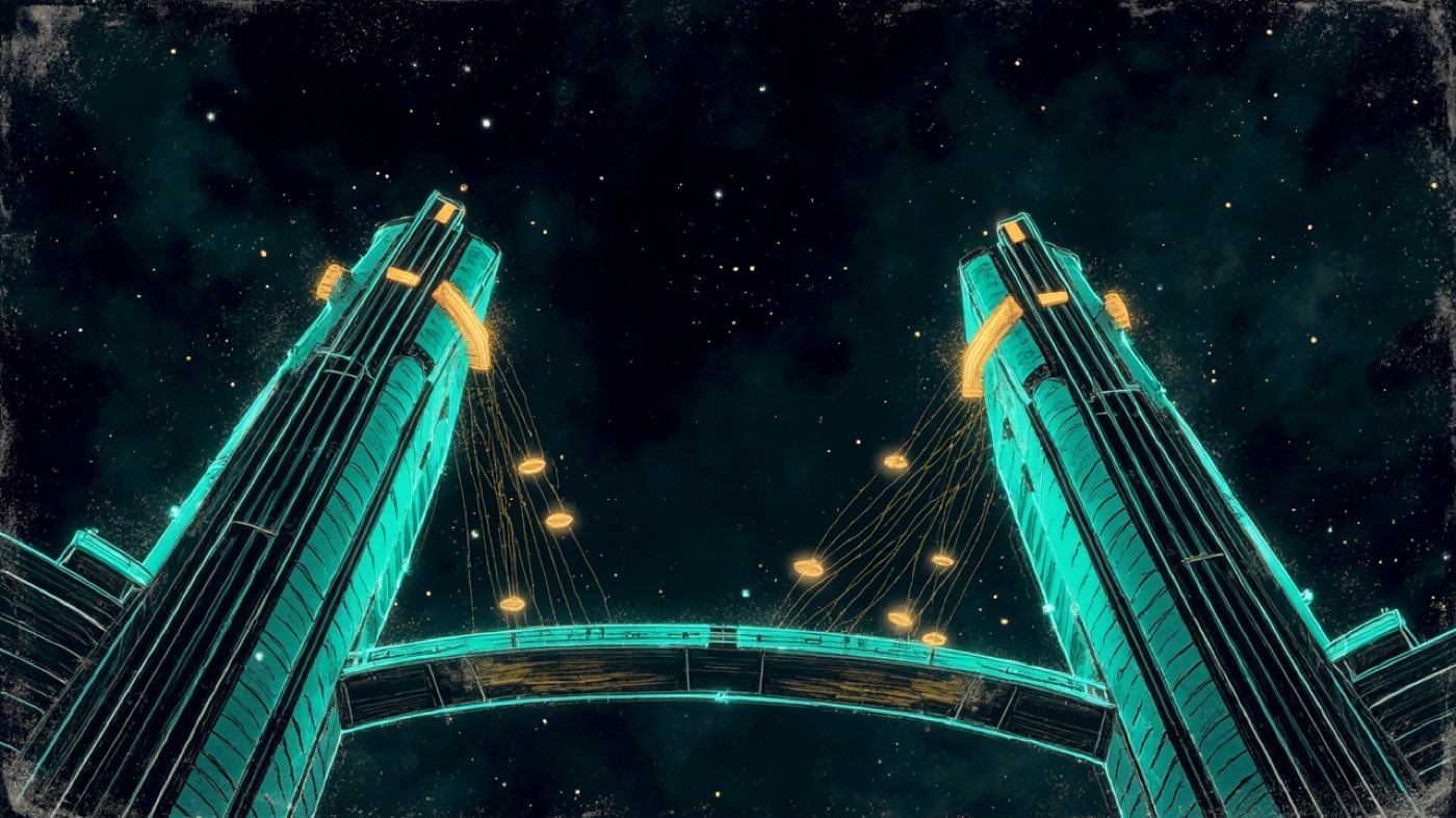 Illustration: coins streaming from a dimming exchange tower to a bright one