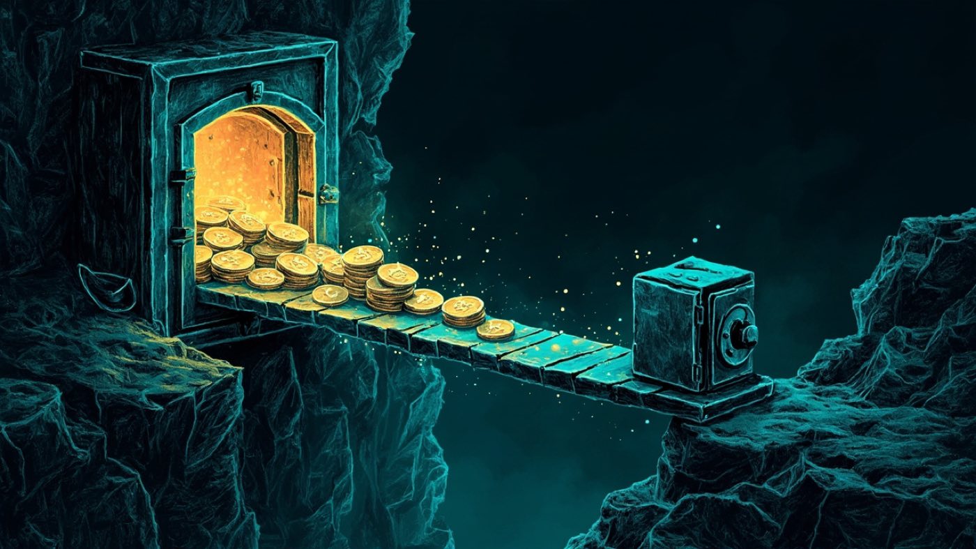 Illustration: coins crossing a lit footbridge from a dark vault into a hardware wallet